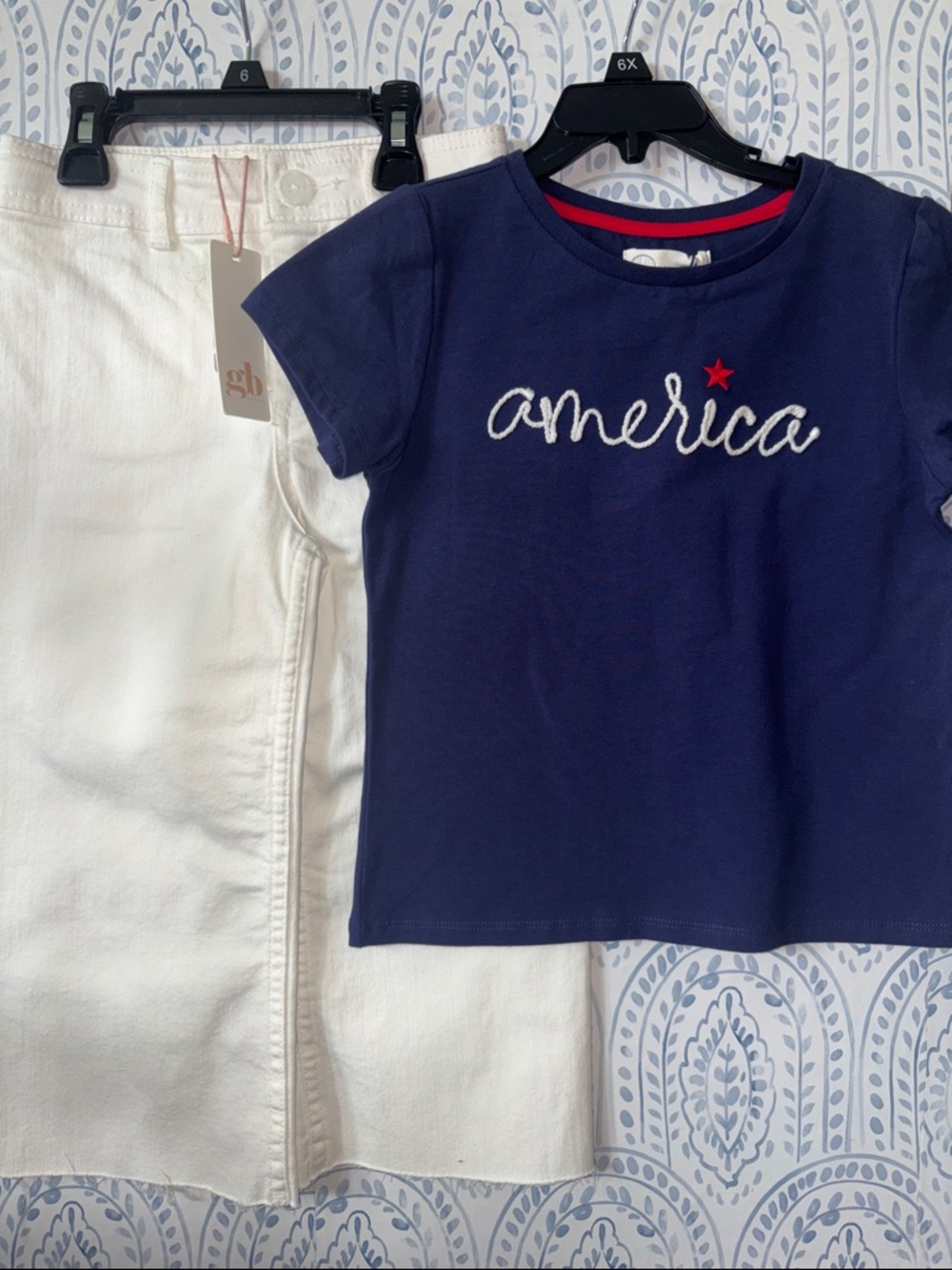 Gb girls Wide Leg White Jeans & Navy Stitched America Patriotic Shirt 6/6X NWT